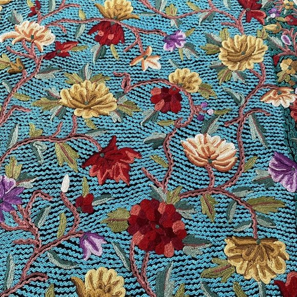Kashmir Shawl Hand Embroidered Cashmere Hook Work Turquoise Indian Stole - Picture 7 of 12